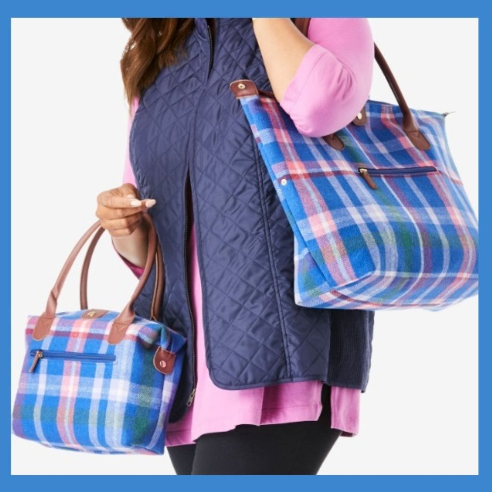 NEW 2pc Plaid Flannel Tote Bag Set